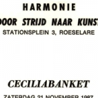 Menukaarten voor de St Ceciliafeesten van de Harmonie "Door strijd naar kunst" doorheen de jaren 1971-1995